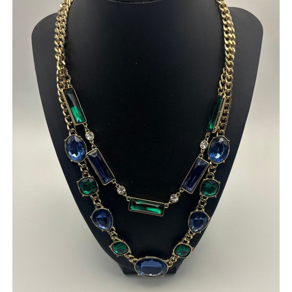 Signed NRQ (Avon) Goldtone Green Blue Rhinestones Double Strands Necklace